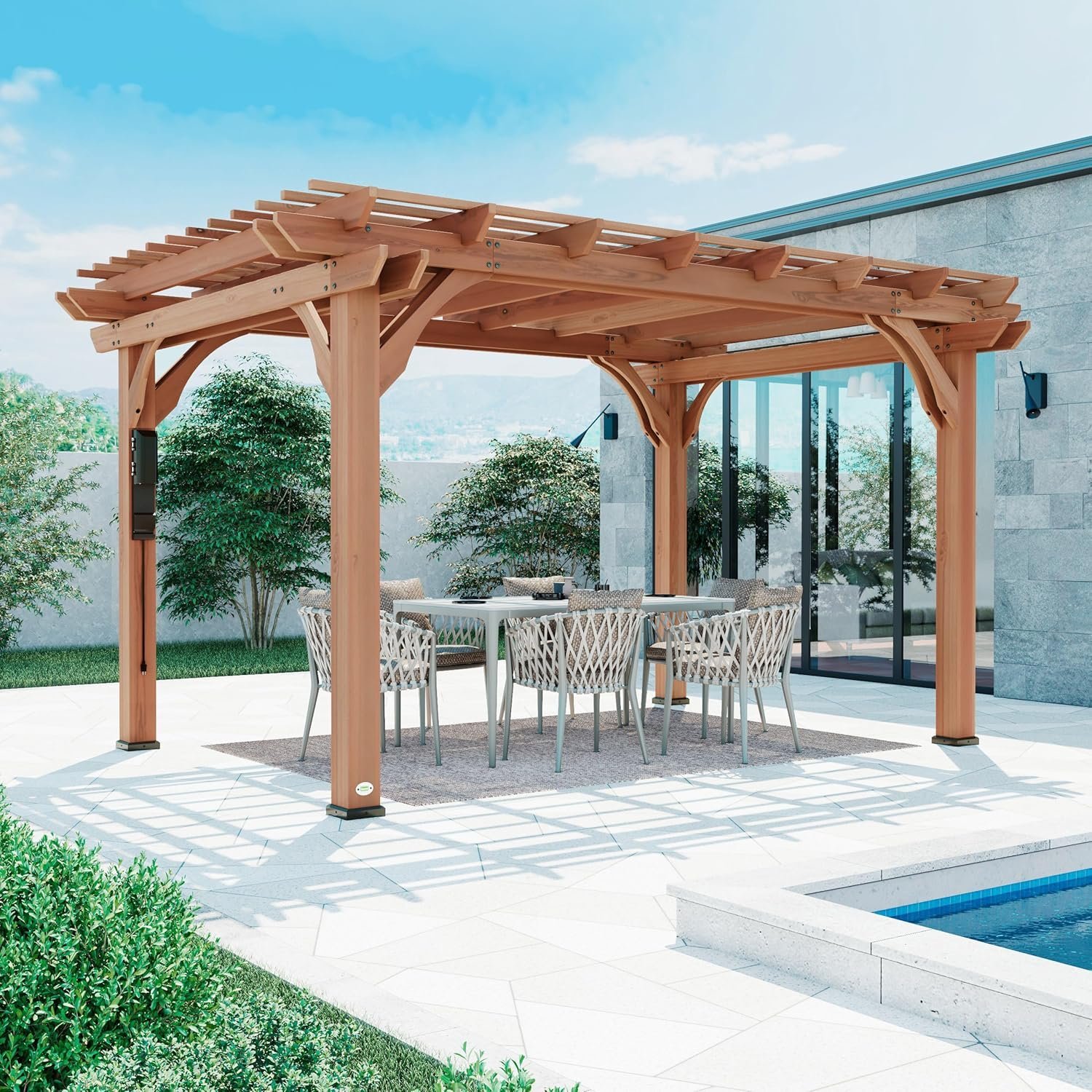 10 Ft. X 14 Ft. Traditional All Cedar Wood Outdoor Patio Pergola Shade Structure thumbnail 3