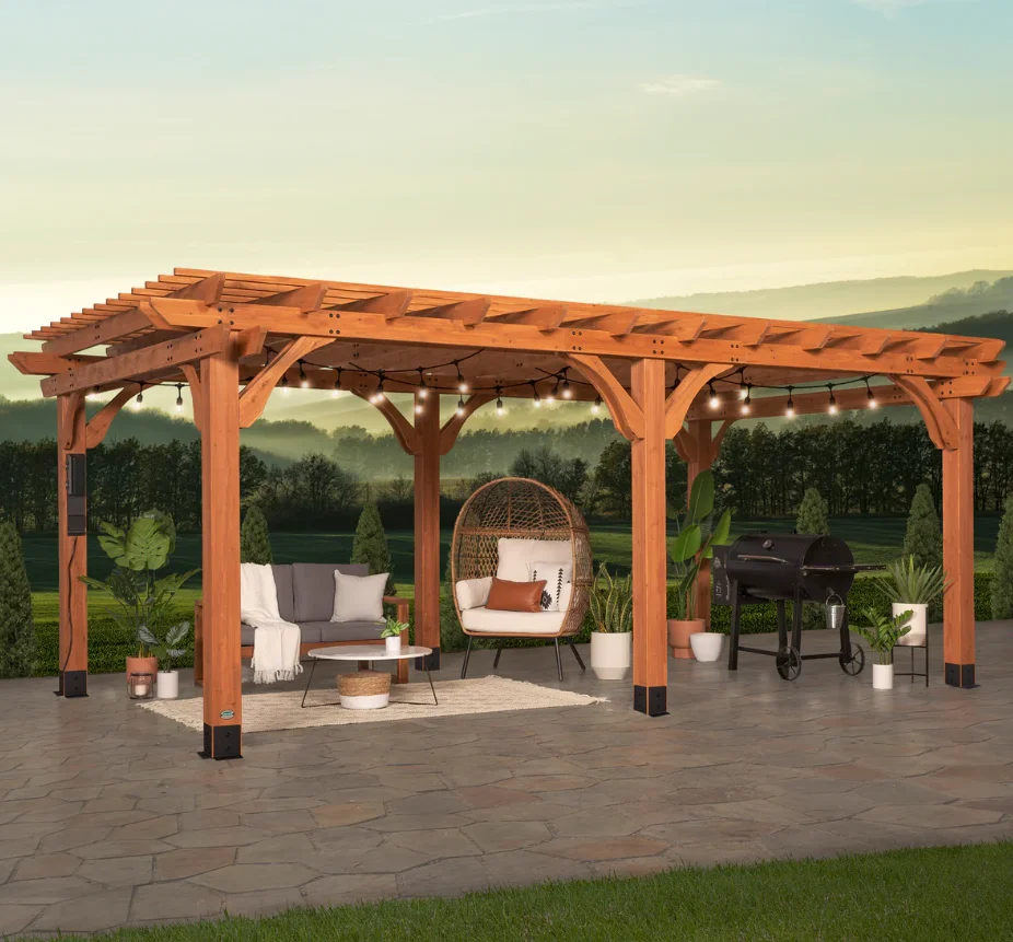 Beaumont 20 ft. x 12 ft. Light Brown Traditional Outdoor All Cedar Wood Patio Pergola Shade Structure with Electric thumbnail 3
