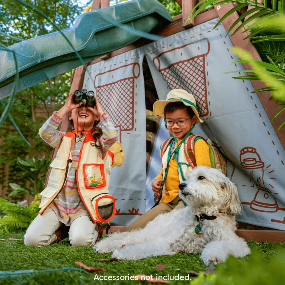 Ranger Retreat Wooden Swing Set/Playset with Tent, Tube Slide and 3-Swings thumbnail 2