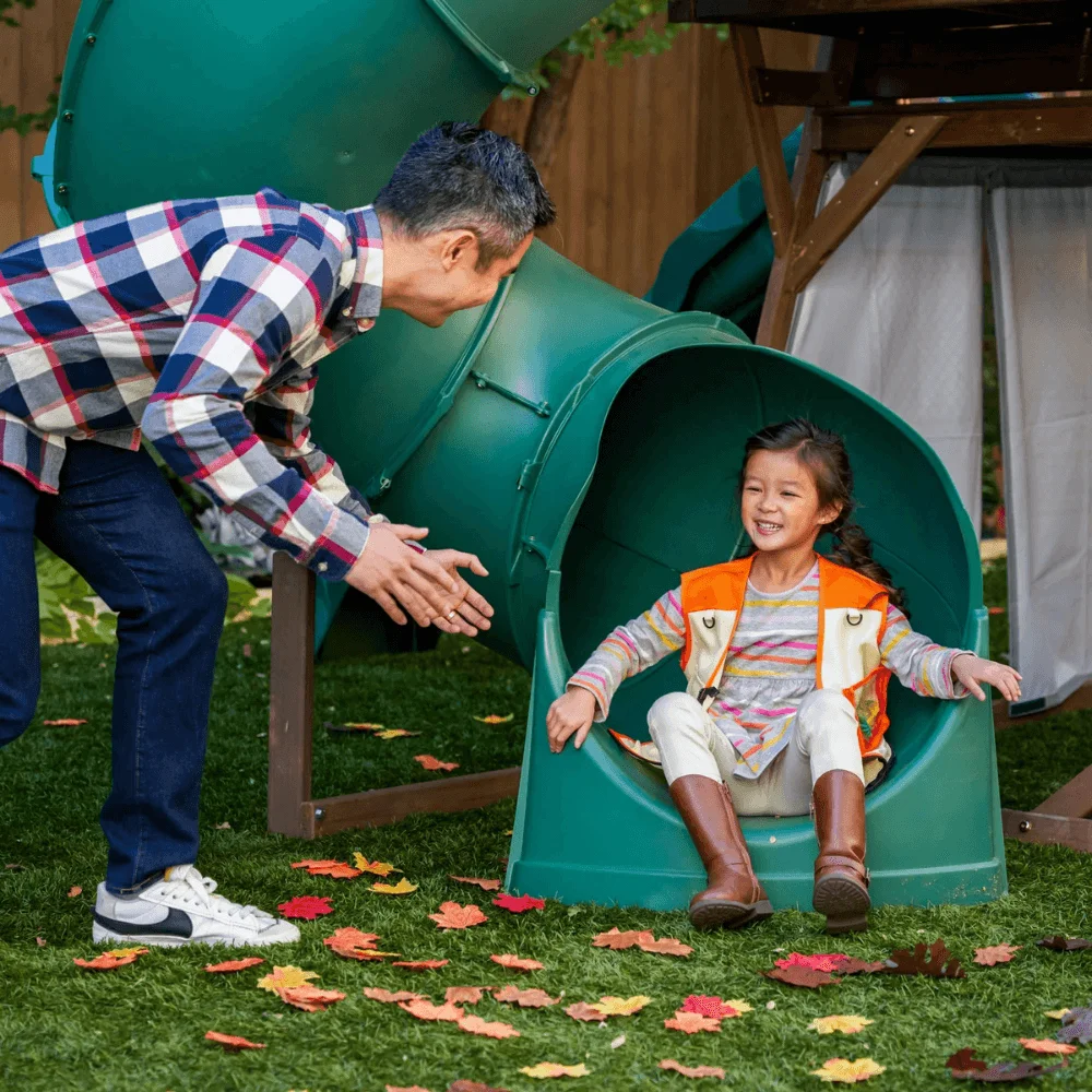 Ranger Retreat Wooden Swing Set/Playset with Tent, Tube Slide and 3-Swings thumbnail 3