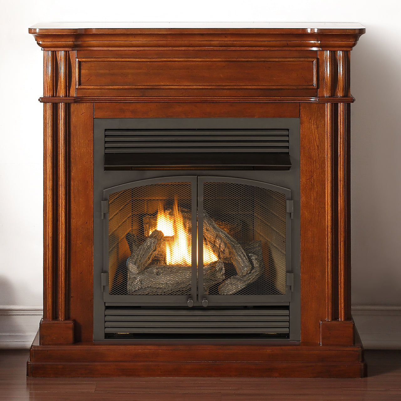 Duluth Forge Dual Fuel Ventless Gas Fireplace With Mantel – 32,000 BTU, T-Stat Control, Chocolate Finish – Model# DFS-400T-2CH